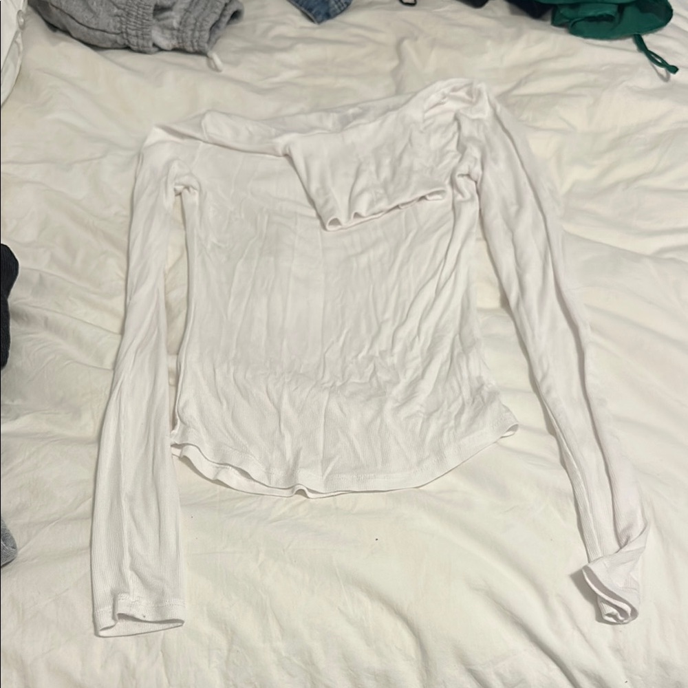 Aritzia Cream Asymmetrical Ribbed Long Sleeve Blouse